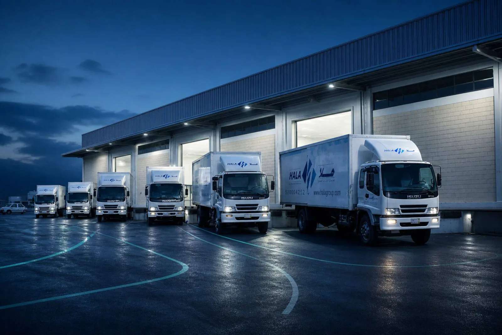 HALA fleet trucks lined up at warehouse loading docks at dusk