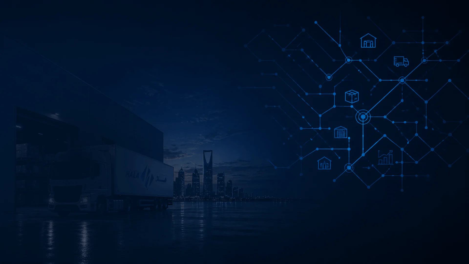 HALA logistics warehouse and loading docks with structured digital route overlays at dusk
