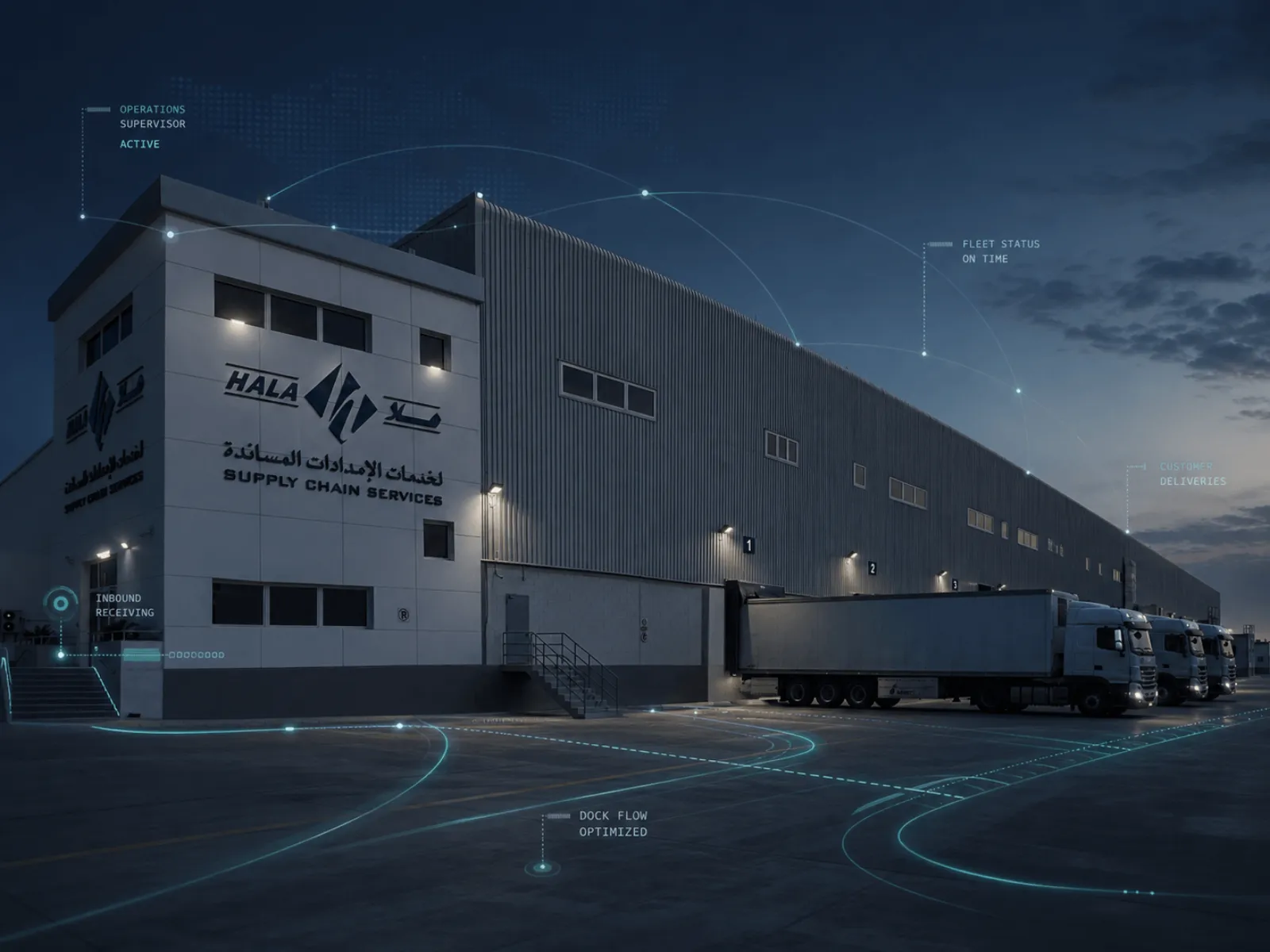 HALA warehouse with loading docks and digital logistics overlays